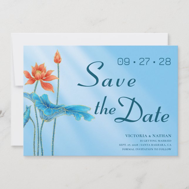 Blue Floral Lotus Wedding Save the Date Einladung (Vorderseite)