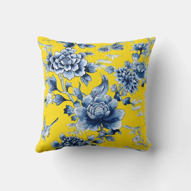 Blue Floral Luxe Imprimer sur oreiller jaune (Verso)