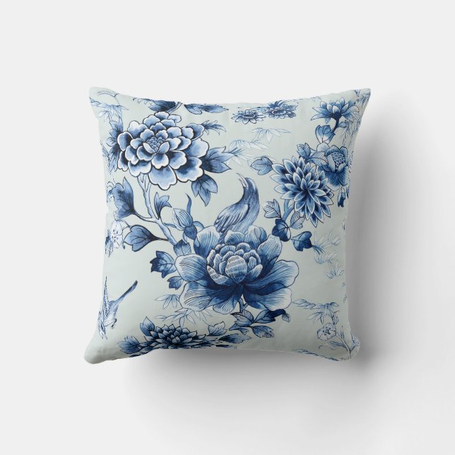 Blue Floral Luxus Print on Sage Throw Kissen (Rückseite)