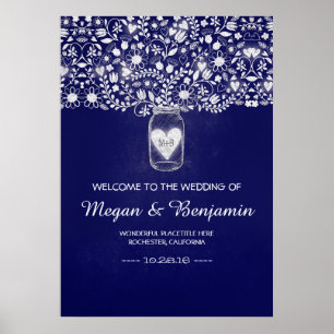 Blue Floral Mason Jar Affiche de bienvenue Mariage