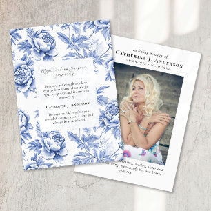 Blue Floral Memorial Foto Beileid Beerdigung Dankeskarte