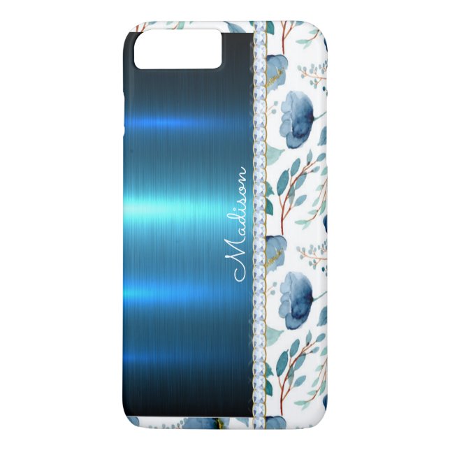 Blue Floral Metallic Glitzer Klassisches Hübsches  Case-Mate iPhone Hülle (Rückseite)