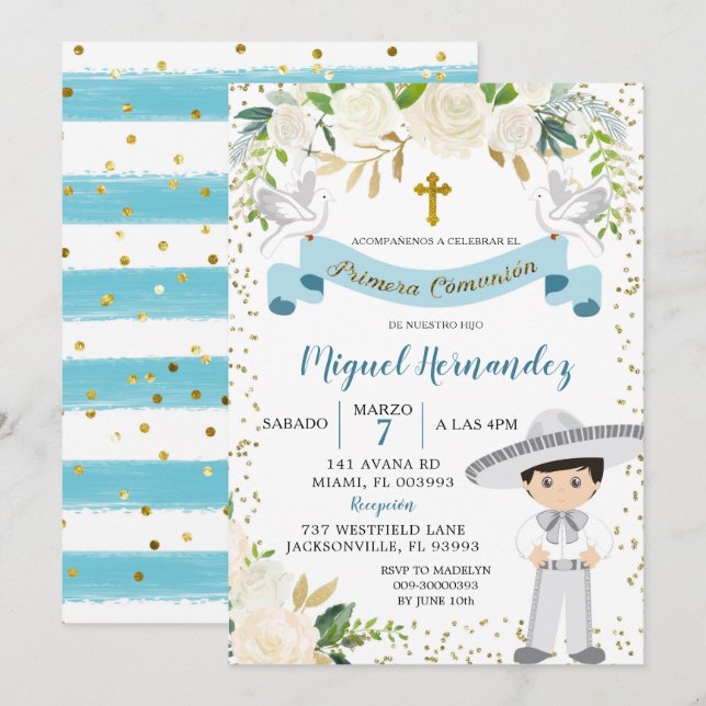 Blue Floral Mexican Boy Heilige Kommune Einladung (Vorne/Hinten)