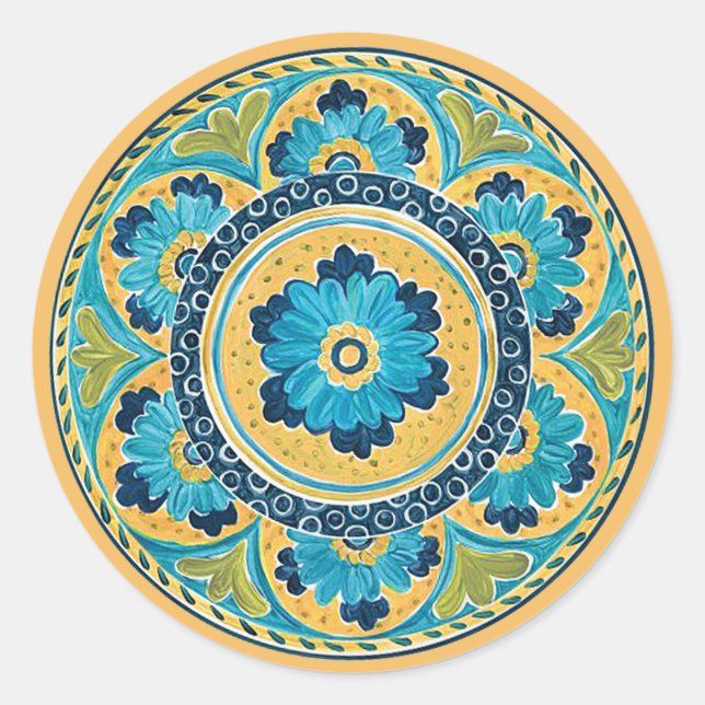 Blue Floral mexikanische Fliesenaufkleber Runder Aufkleber (Vorderseite)