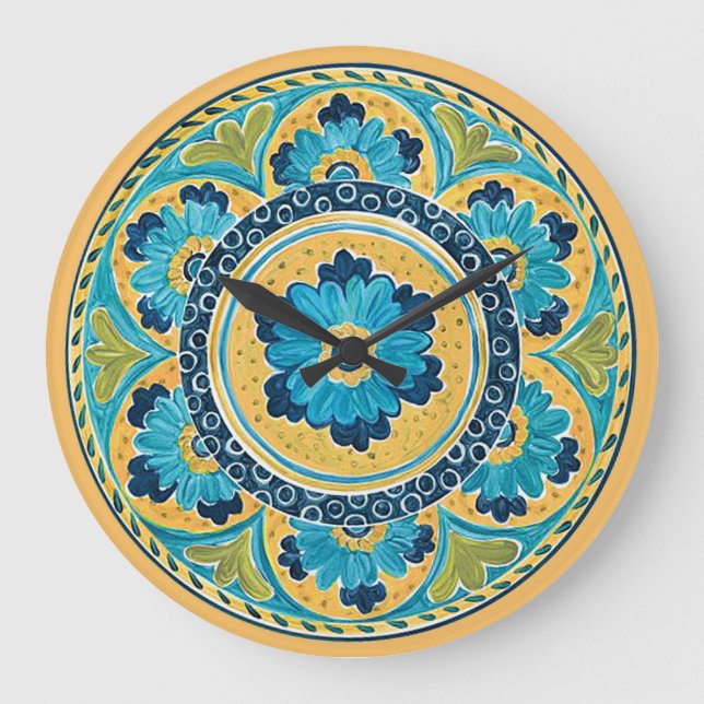 Blue Floral mexikanische Tile Große Wanduhr (Vorderseite)
