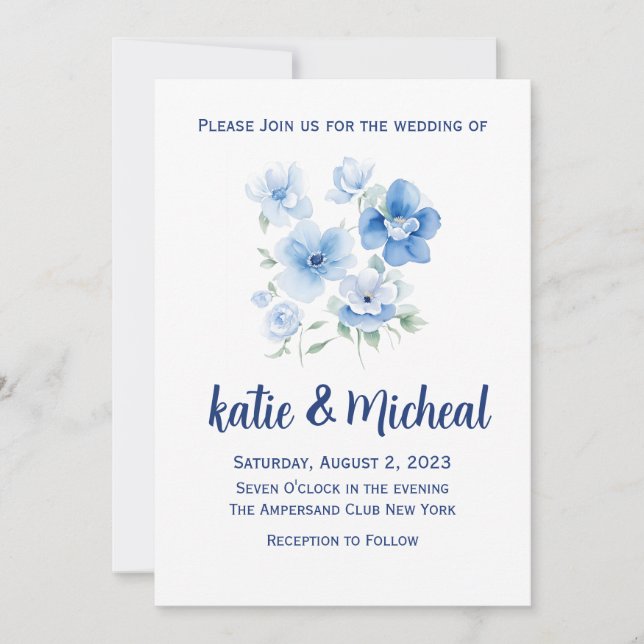 Blue Floral Minimalistisch Einfache Hochzeit Einla Einladung (Vorderseite)