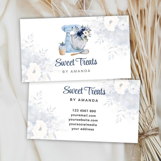 Blue Floral Mixer Business Card Visitenkarte (Von Creator hochgeladen)