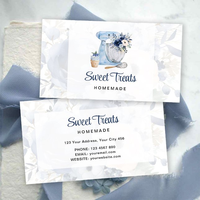 Blue Floral Mixer Business Card Visitenkarte (Von Creator hochgeladen)