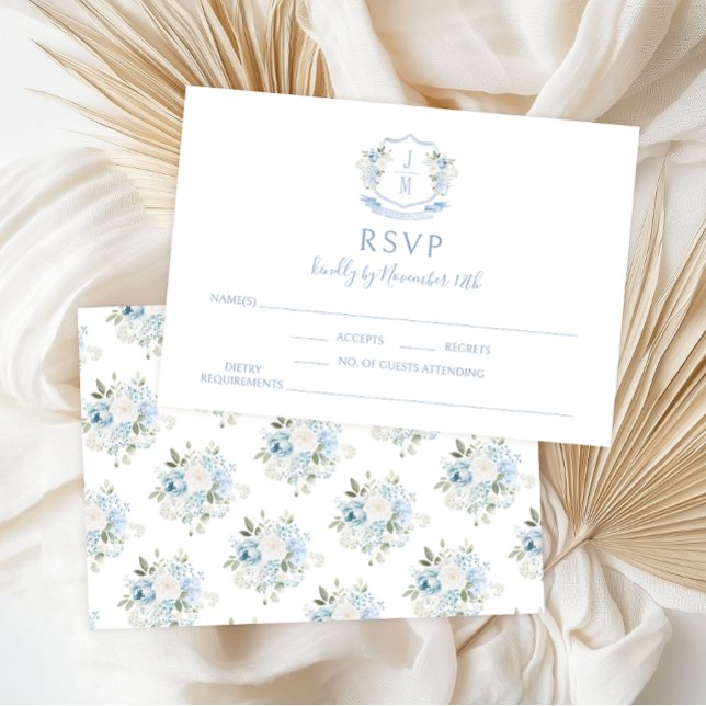 Blue Floral Modern Monogram Wedding RSVP Cards Karte (Von Creator hochgeladen)