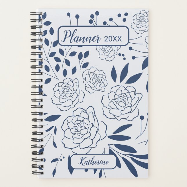 Blue Floral Monochrome Name And Year Planer (Vorderseite)