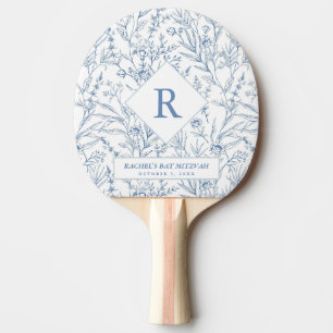 Blue Floral Monogram Bat Mitzvah Ping Pong Paddle Tischtennis Schläger