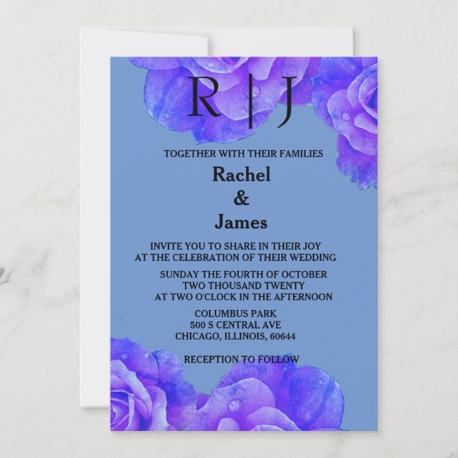 Blue Floral Monogram Elegante Rose Blume Hochzeit Einladung (Vorderseite)