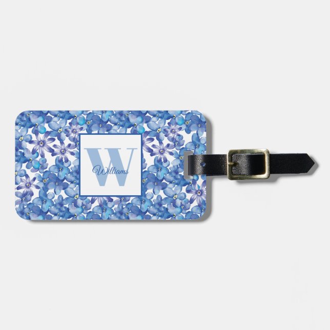 Blue Floral Monogram Gepäckanhänger (Vorderseite horizontal)