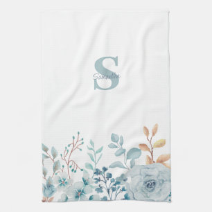 Blue Floral Monogram Name Kitchen Handtücher