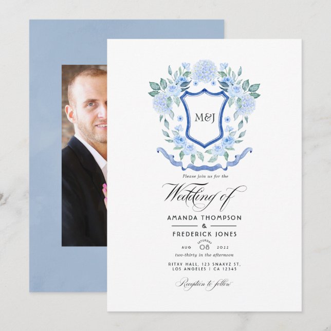 Blue Floral Monogram Wappen Wedding Foto Einladung (Vorne/Hinten)