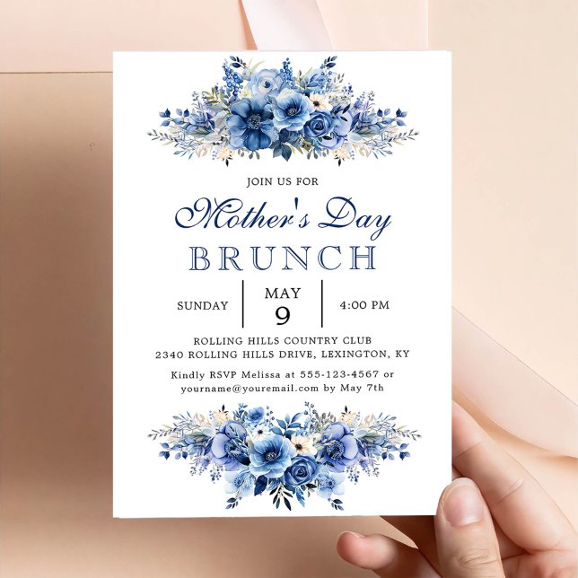 Blue Floral Mother Day Brunch Party Einladung (Von Creator hochgeladen)