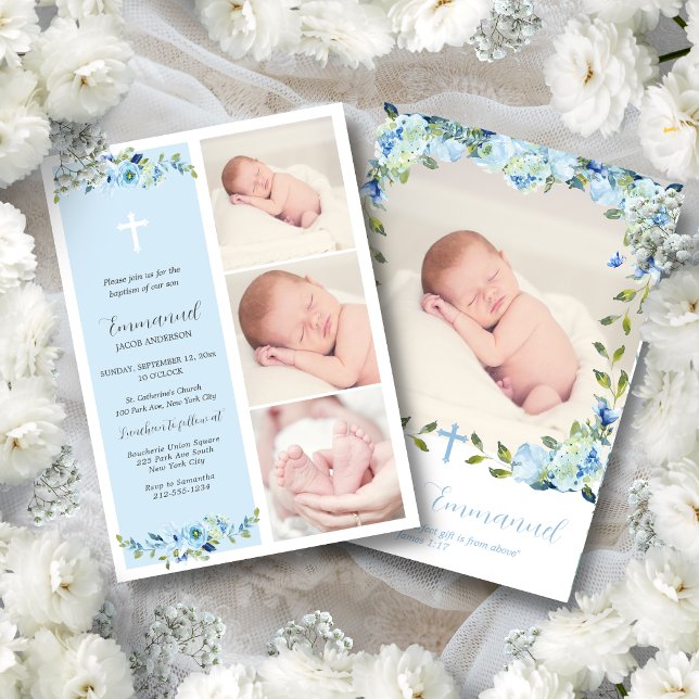 Blue Floral Multiphoto Taufe für Jungen Einladung (Blue floral baptism invitation for baby boys with a simple Christian cross and a modern script font.)