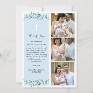 Blue Floral Multiphoto Taufe für Jungen Vielen Dan Dankeskarte