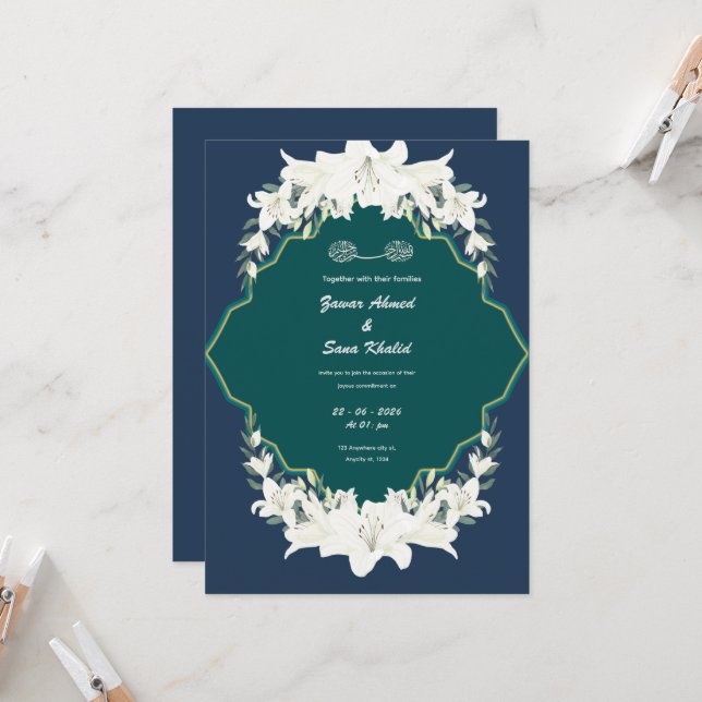 Blue floral Muslim wedding invitation Editable (Devant/Arrière en situation)