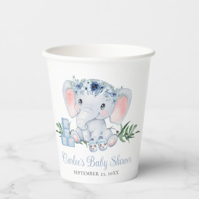 Blue Floral Niedlich Elephant Baby Boy Baby Dusche Pappbecher (Vorderseite)