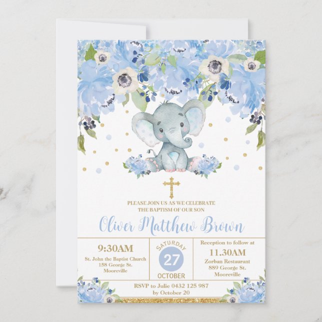 Blue Floral Niedlich Elephant Taufe Christening Einladung (Vorderseite)