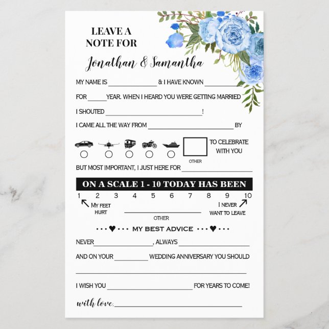 Blue Floral Note for Couple Wedeption Reception Ca Flyer (Vorne)