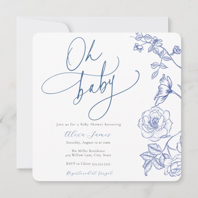 Blue Floral Oh Baby shower Invitation (Devant)