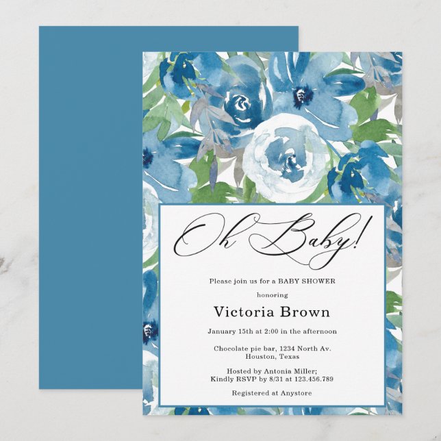 Blue Floral Oh Baby Shower Invitation Einladung (Vorne/Hinten)