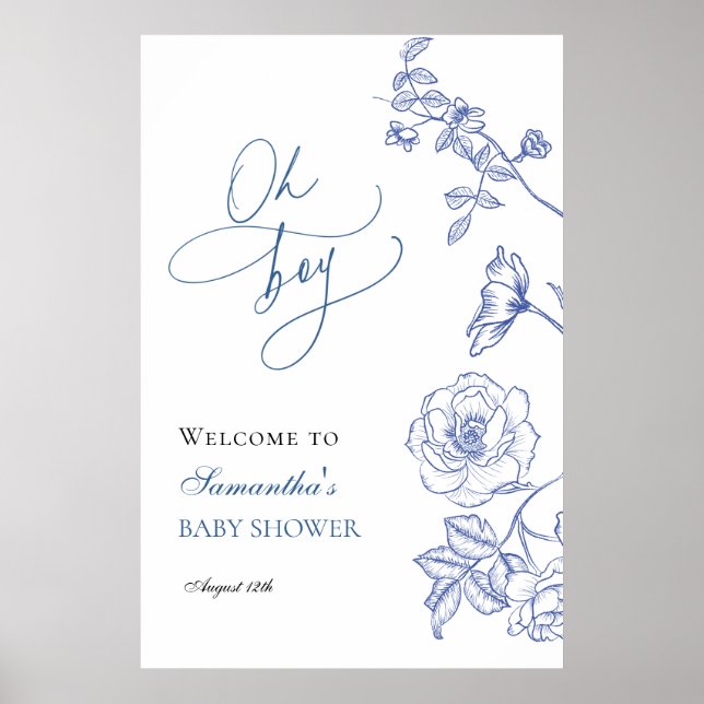 Blue Floral Oh Boy Baby Dusche Willkommen Poster (Vorne)