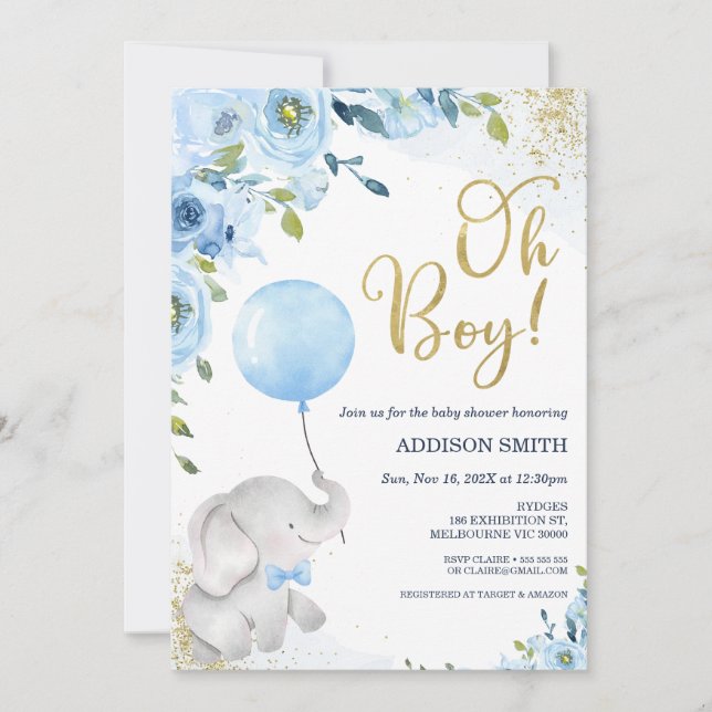 Blue Floral Oh Boy Elephant Baby shower Invitation (Devant)