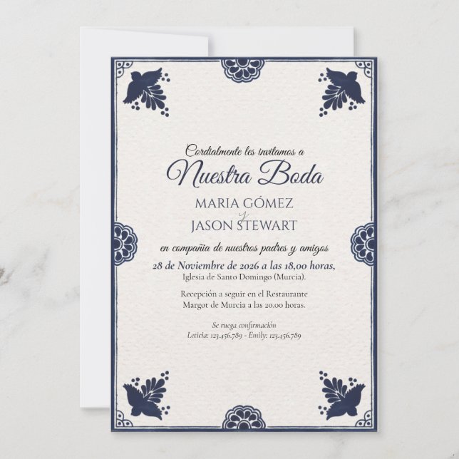 Blue Floral Otomi Simple Fiesta Spanish Wedding Einladung (Vorderseite)