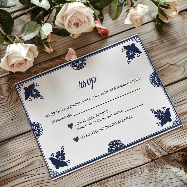 Blue Floral Otomi Simple Fiesta Spanish Wedding RSVP Karte (Blue Floral Otomi Simple Fiesta Spanish Wedding RSVP Card)