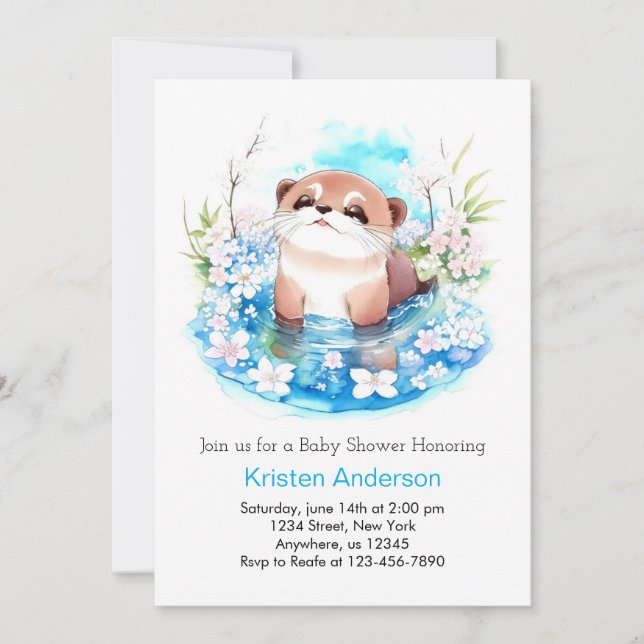 Blue Floral Otter Meadow Boy Baby Dusche Einladung (Vorderseite)