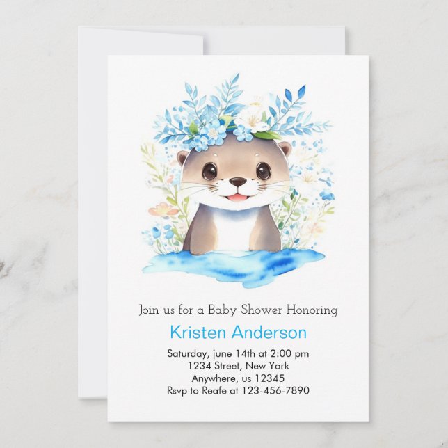 Blue Floral Otter Watercolor Boy Baby Dusche Einladung (Vorderseite)