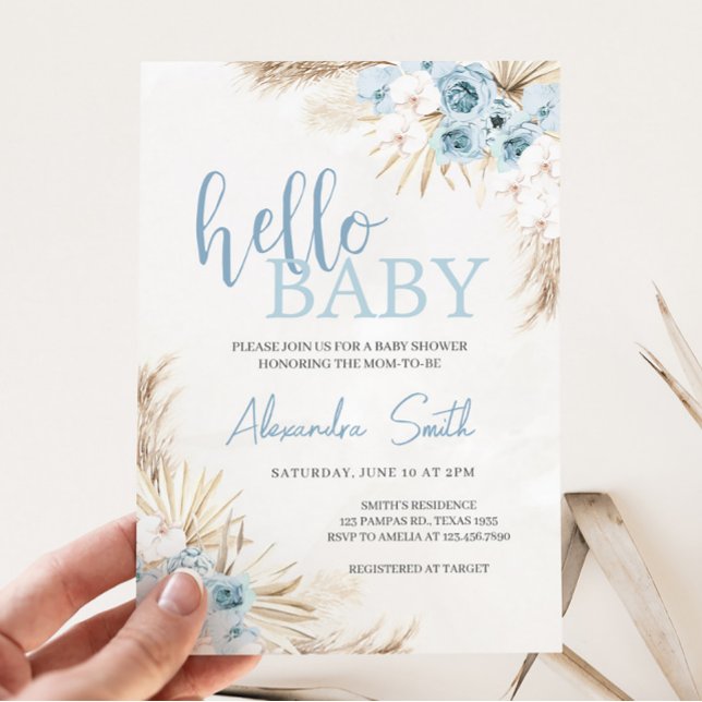 Blue Floral Pampas Grass Baby Dusche Einladung (Floral Pampas Grass Baby Shower Invitation)
