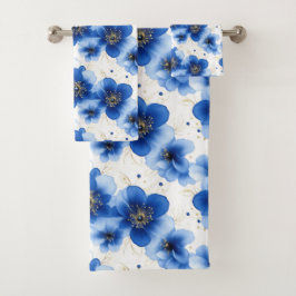 Blue Floral Pattern with Gold Accents Badhandtuch Set