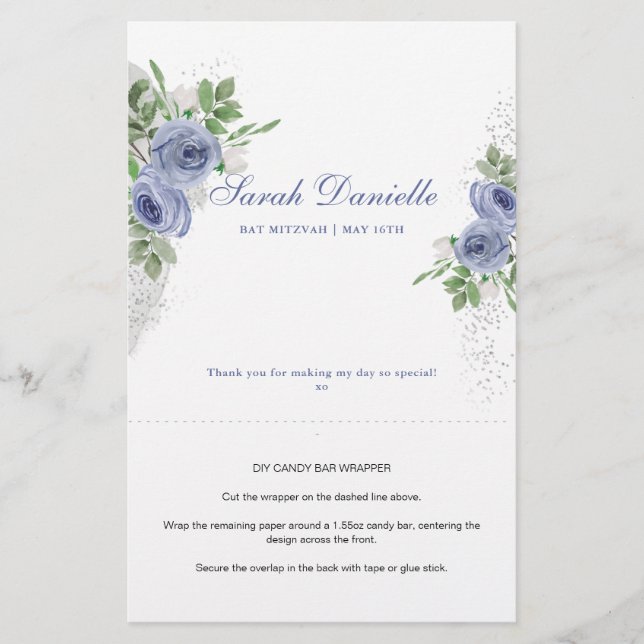 Blue Floral Personalisiert Candy Bar Wrapper (Vorderseite)