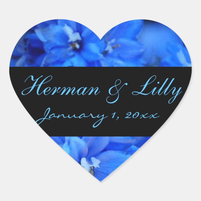 Blue Floral Personalisiert Wedding Herz-Aufkleber (Vorderseite)