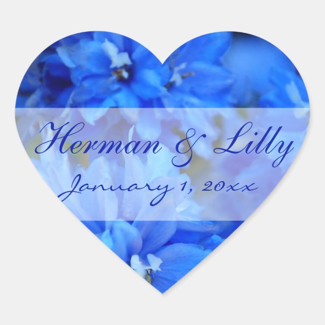Blue Floral Personalisiert Wedding Herz-Aufkleber (Vorderseite)