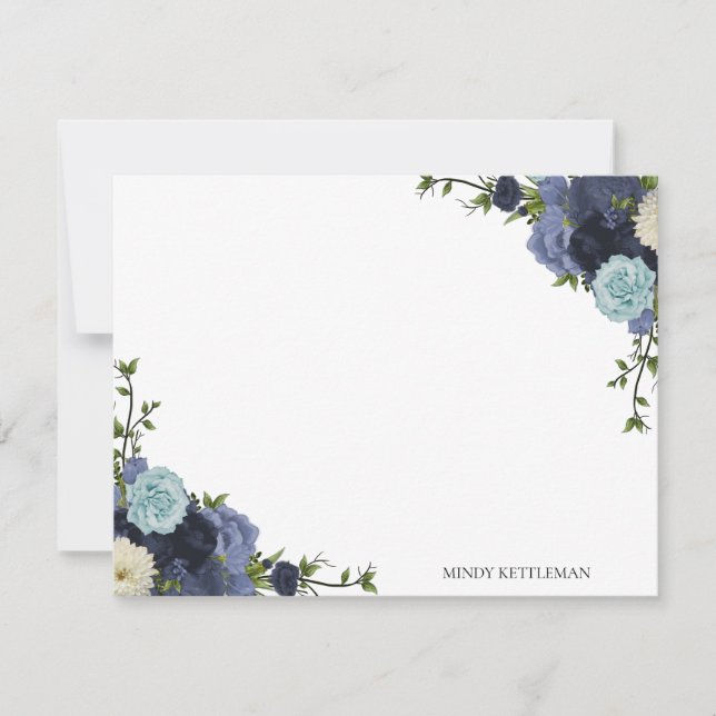 Blue Floral Personalize und Monogram Mitteilungskarte (Vorderseite)