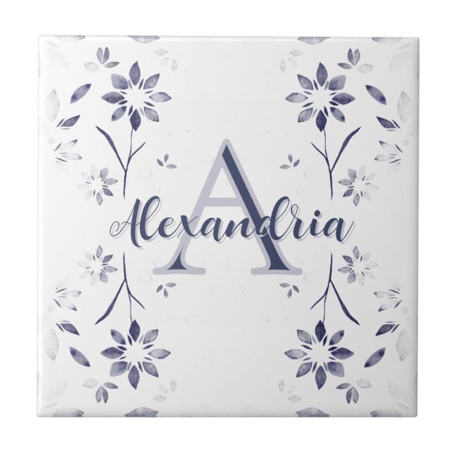 Blue Floral Personalized Monogram Name Fliese (Vorderseite)