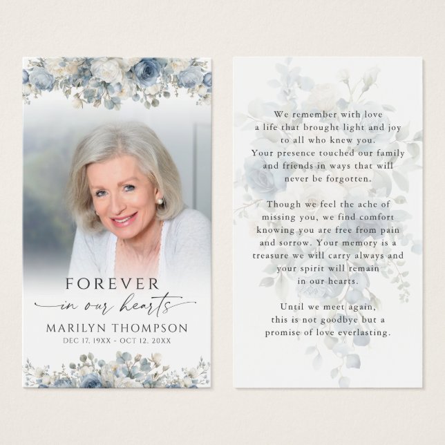 Blue Floral Photo Funeral Prayer Card (Vorne & Hinten)