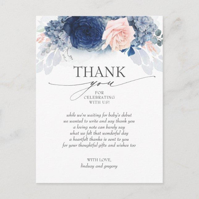 Blue Floral Pink Elegant Baby Dusche Vielen Dank Postkarte (Vorderseite)