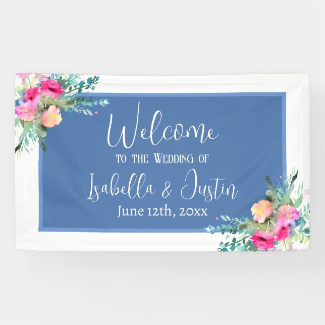 Blue Floral Pink Rosenknospe Wedding Personalisier Banner (Horizontal)