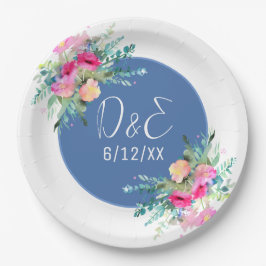 Blue Floral Pink Rosenknospe Wedding Personalisier Pappteller
