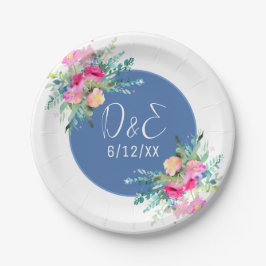 Blue Floral Pink Rosenknospe Wedding Personalisier Pappteller