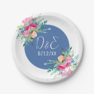 Blue Floral Pink Rosenknospe Wedding Personalisier Pappteller