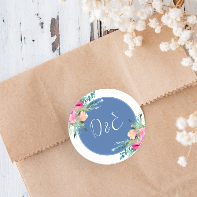 Blue Floral Pink Rosenknospe Wedding Personalisier Runder Aufkleber (Von Creator hochgeladen)