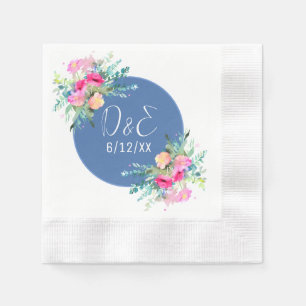 Blue Floral Pink Rosenknospe Wedding Personalisier Serviette