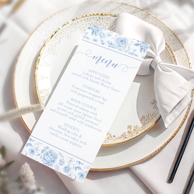 Blue Floral Porcelain Bridal Shower Menu Cards (Von Creator hochgeladen)